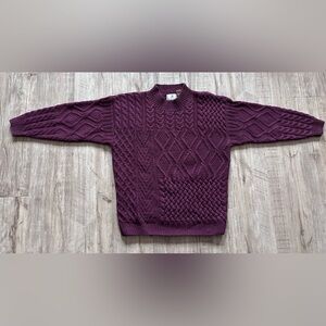 JJ. Farmer handknit Wool Cotton blend cable knit sweater unisex mens womans wine